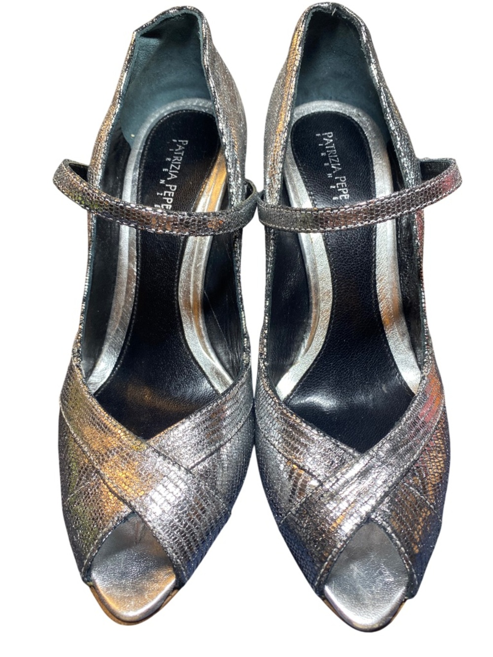 Vintage Patrizia Pepe Metallic Silver Snakeskin Peep Toe Mary Jane Heels 37 7